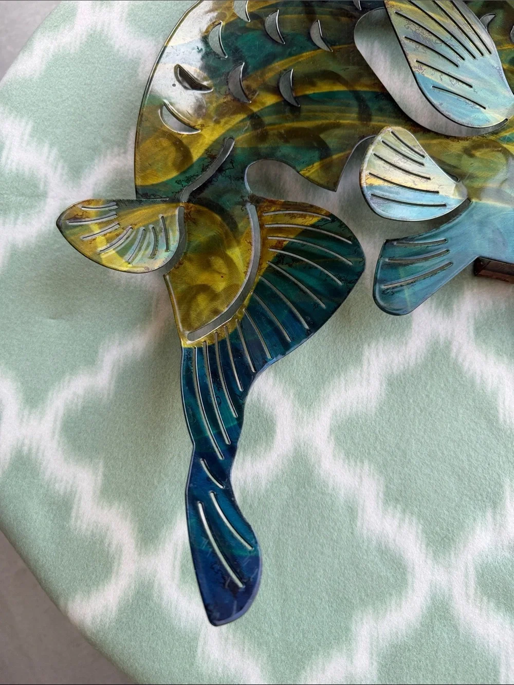 3D Cut Steel Bass Fish Wall Art - Green Yellow Metal Fish Sculpture